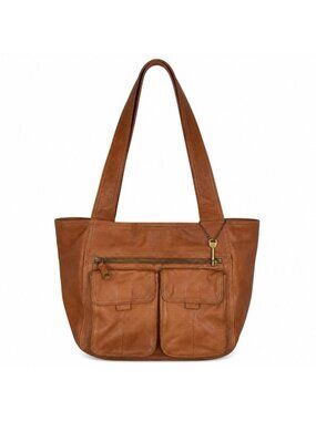 Fossil Tan/Cognac Leather Satchel Handbag ID Holder ZB 8948 Dual Shoulder Straps